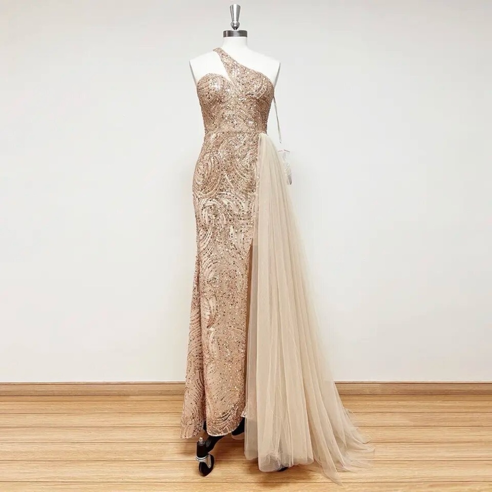 Champagne prom evening dress with thigh slit size 10